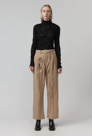 Belted Pleat Pant - Crush textured - Nude